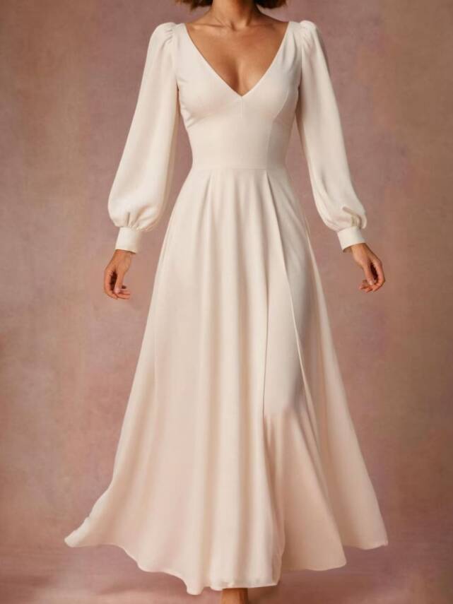 Büzgülü Kol V Yaka Maxi Elbise - 1