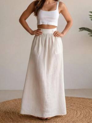 Kare Askılı Üst & Cepli Maxi Etek Keten Kombin - Toptan Kadın Giyim