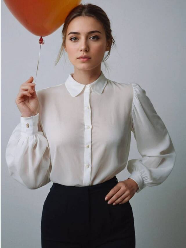 Yuvarlak Yaka Balon Kollu Gömlek - 1